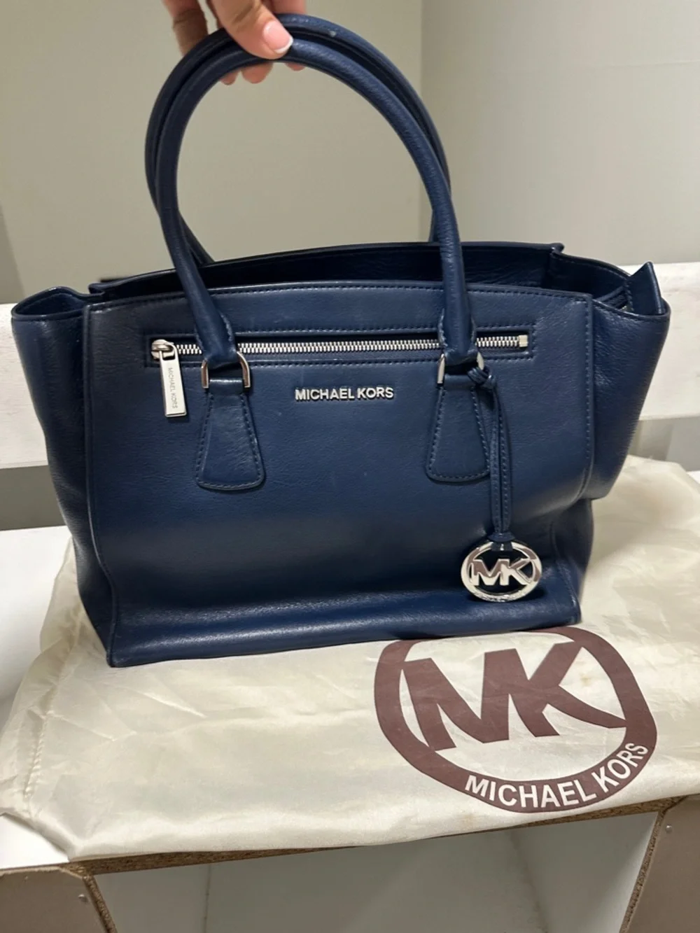 Michael Kors Navy Leather Tote with MK Charm